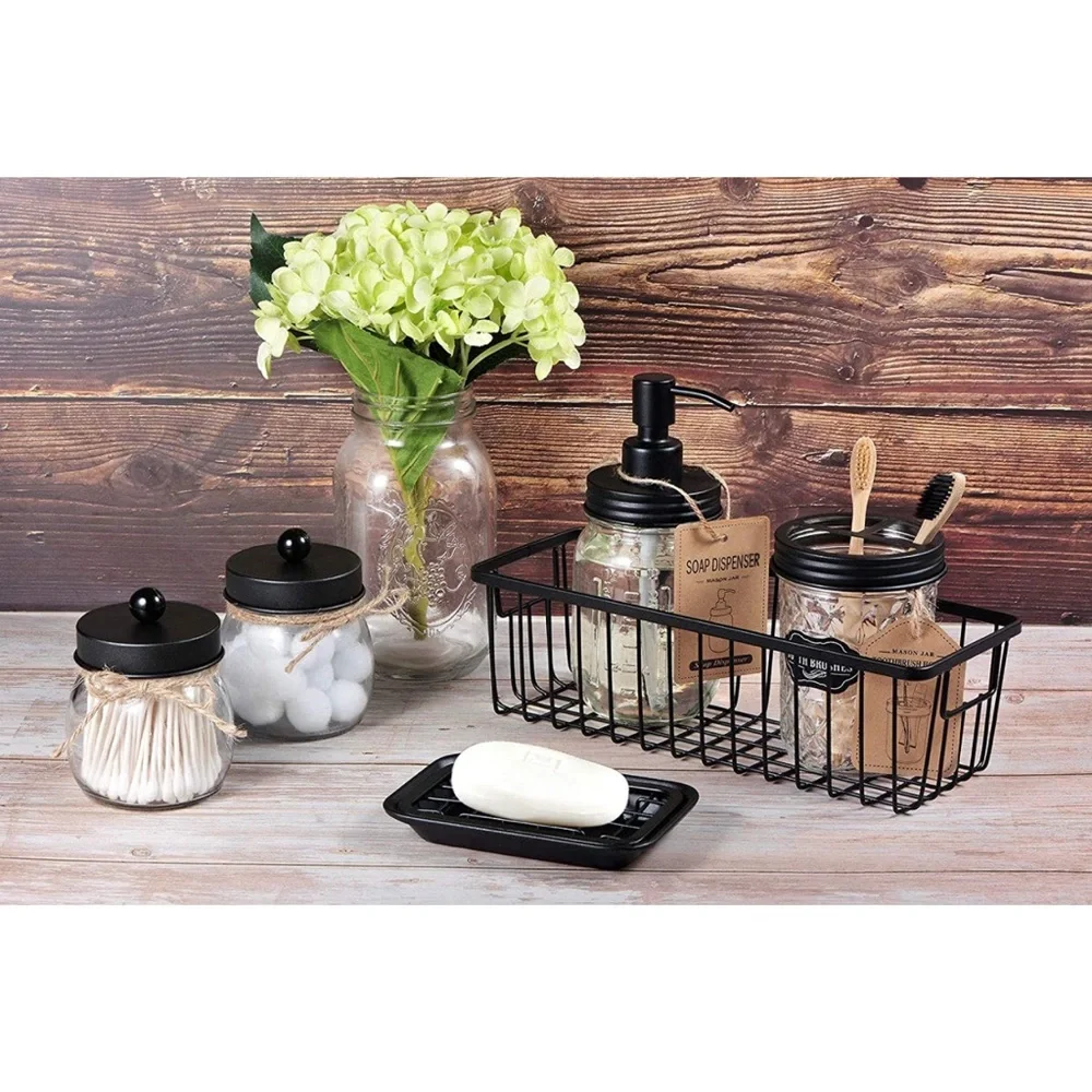 6 piece bathroom set soap dispenser toothbrush holder jars soap holder & basket
